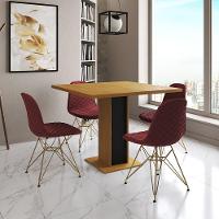 Mesa Jantar Londres Quadrada Canela 90Cm Base Preta 4 Cadeiras Eames Estofadas Vermelho Base Dourado - 1