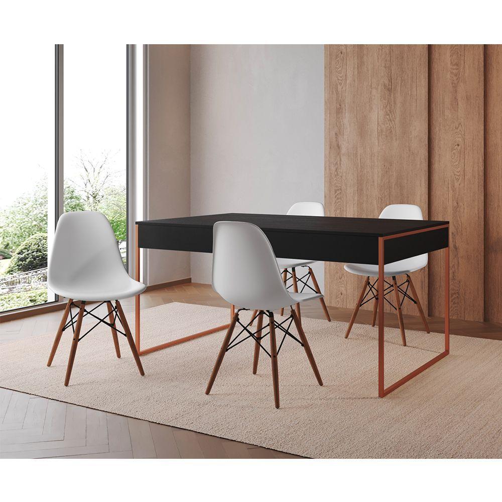 Mesa Jantar Industrial Retangular Preta 137X90Cm Base Cobre Com 4 Cadeiras Brancas Cor: Preto - 1