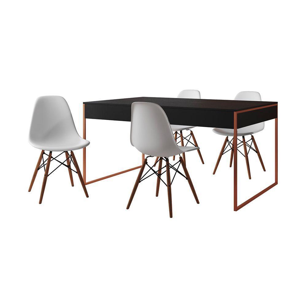 Mesa Jantar Industrial Retangular Preta 137X90Cm Base Cobre Com 4 Cadeiras Brancas Cor: Preto - 6
