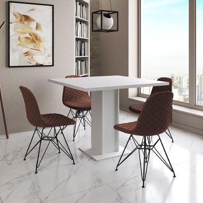 Mesa Jantar Londres Quadrada Branca 90Cm 4 Cadeiras Estofadas Caramelo Eames Ferro Preto