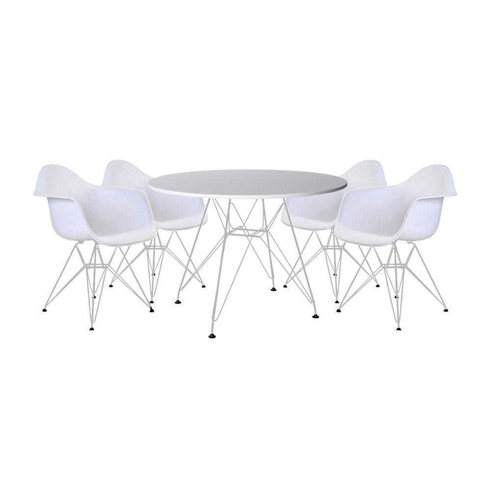 Mesa De Jantar Redonda Branca 90Cm Com 4 Poltronas Brancas Ferro Branco Cor: Branco - 1
