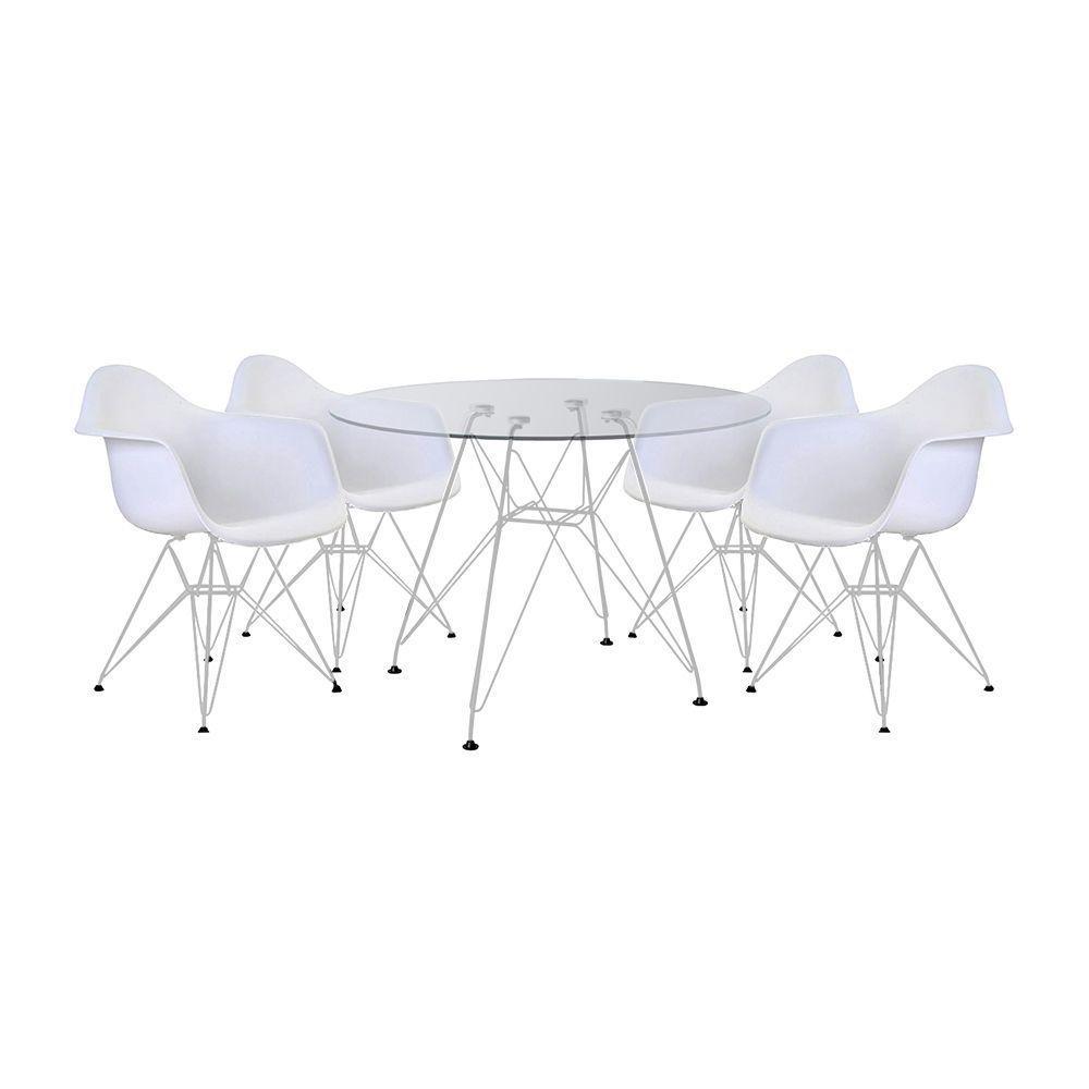 Mesa De Jantar Vidro Redonda 110Cm Com 4 Poltronas Brancas Ferro Branco Cor: Branco - 1