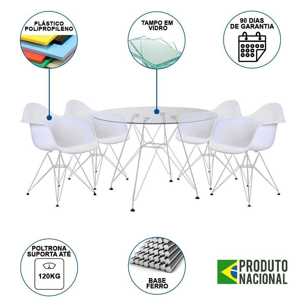 Mesa De Jantar Vidro Redonda 110Cm Com 4 Poltronas Brancas Ferro Branco Cor: Branco - 6