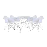 Mesa De Jantar Vidro Redonda 110Cm Com 4 Poltronas Brancas Ferro Branco Cor: Branco - 1