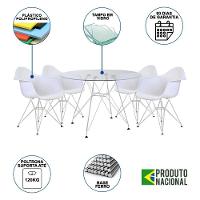 Mesa De Jantar Vidro Redonda 110Cm Com 4 Poltronas Brancas Ferro Branco Cor: Branco - 6