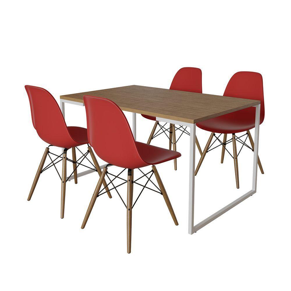 Mesa Industrial Base Ferro Branco 137X90 Tampo Amêndoa 4 Cadeiras Eiffel Madeira Assento Vermelho - 6
