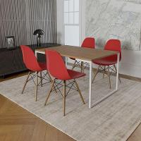 Mesa Industrial Base Ferro Branco 137X90 Tampo Amêndoa 4 Cadeiras Eiffel Madeira Assento Vermelho - 1