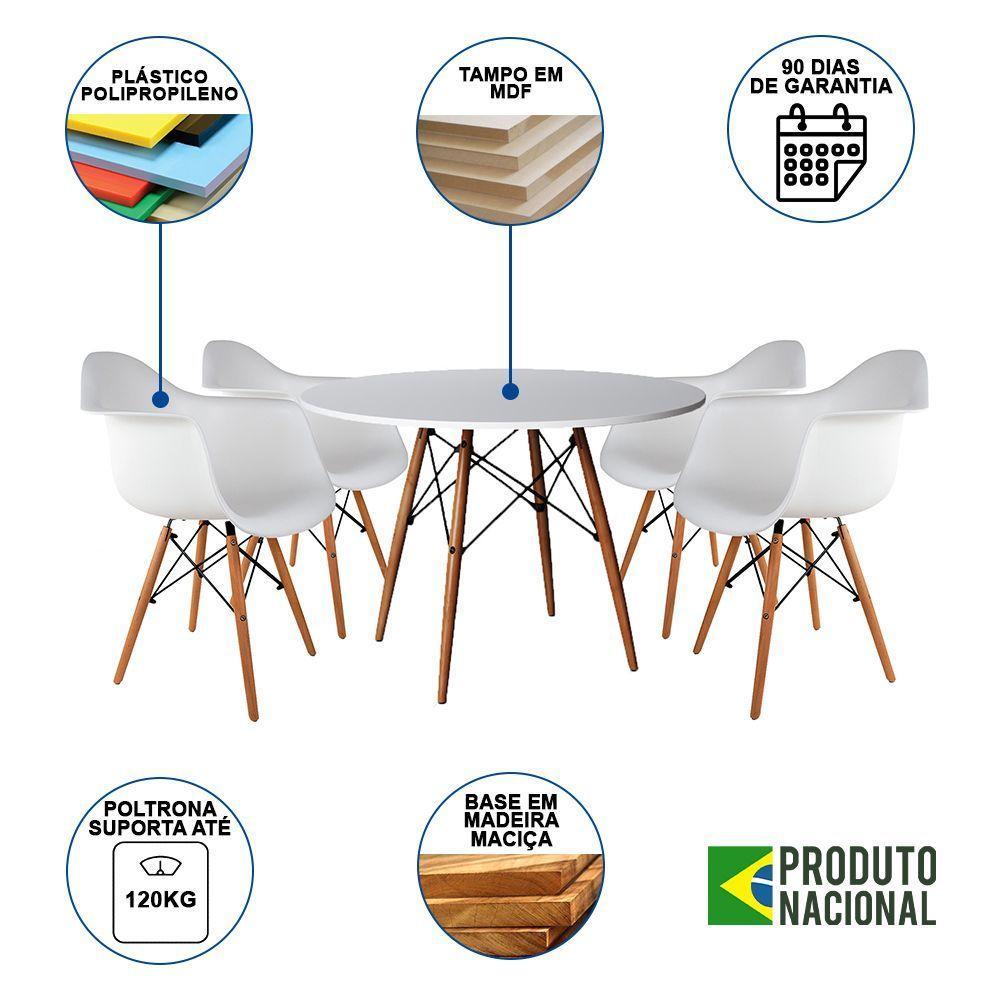 Mesa De Jantar Redonda Em Madeira 90Cm Branca Com 4 Poltronas Brancas Cor: Branco - 6