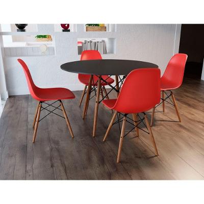 Sala de Jantar Eiffel 4 Lugares Tampo de Vidro Preto Mesa 90cm com Cadeiras Vermelhas