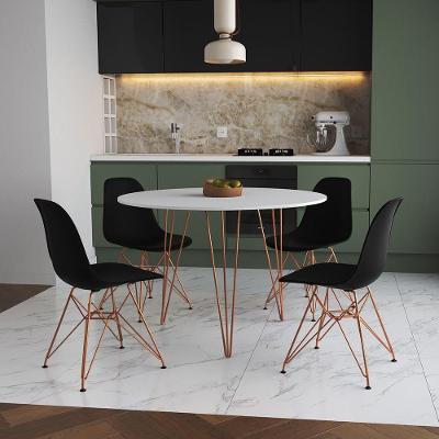 Mesa De Jantar Redonda 90Cm Branca Clips 3 Pés Com 4 Cadeiras Pretas Base Cobre Cor: Branco