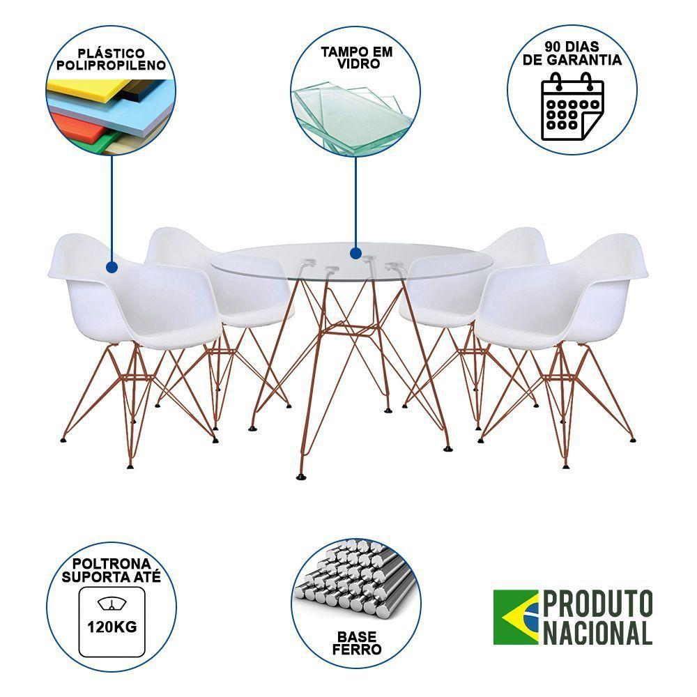 Conjunto Jantar Mesa Redonda Vidro 90Cm Com 4 Poltronas Brancas Ferro Cobre Cor: Preto - 8