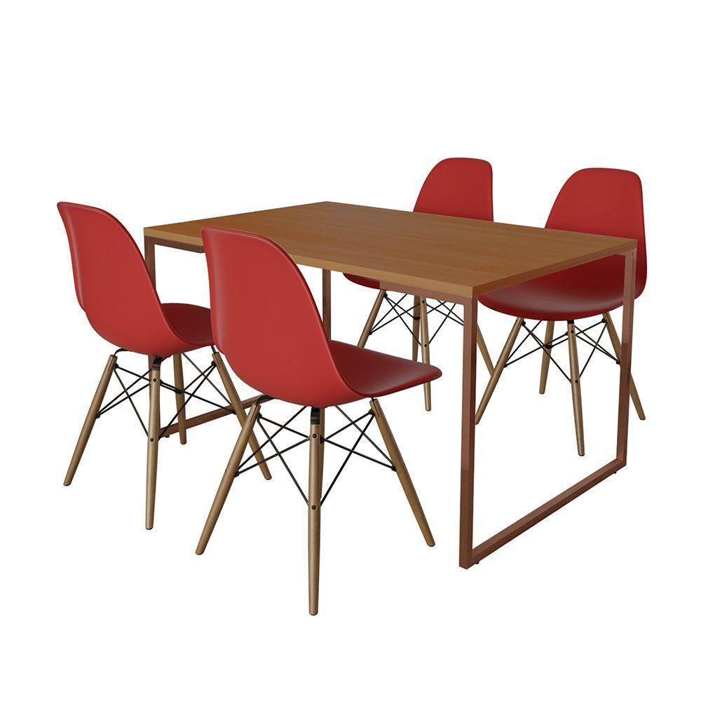 Mesa Industrial Base Ferro Cobre Tampo 137X90 Canela 4 Cadeiras Eames Madeira Assento Vermelho - 6