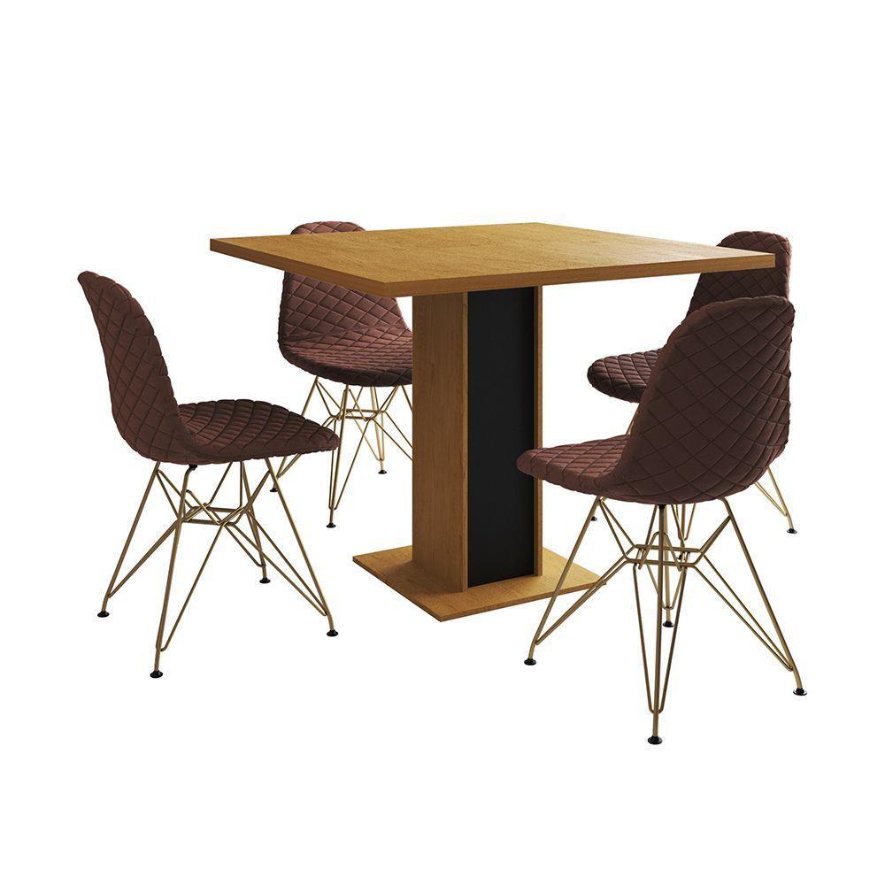 Mesa Jantar Londres Quadrada Canela 90Cm Base Preta 4 Cadeiras Eames Estofadas Caramelo Base Dourado - 6