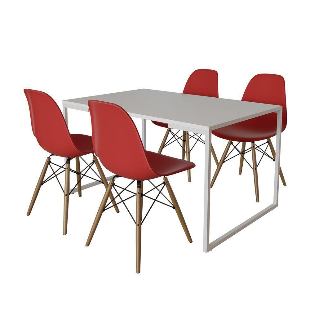 Mesa Industrial Base Ferro Branco 137X90 Tampo Branco 4 Cadeiras Eiffel Madeira Assento Vermelho - 6
