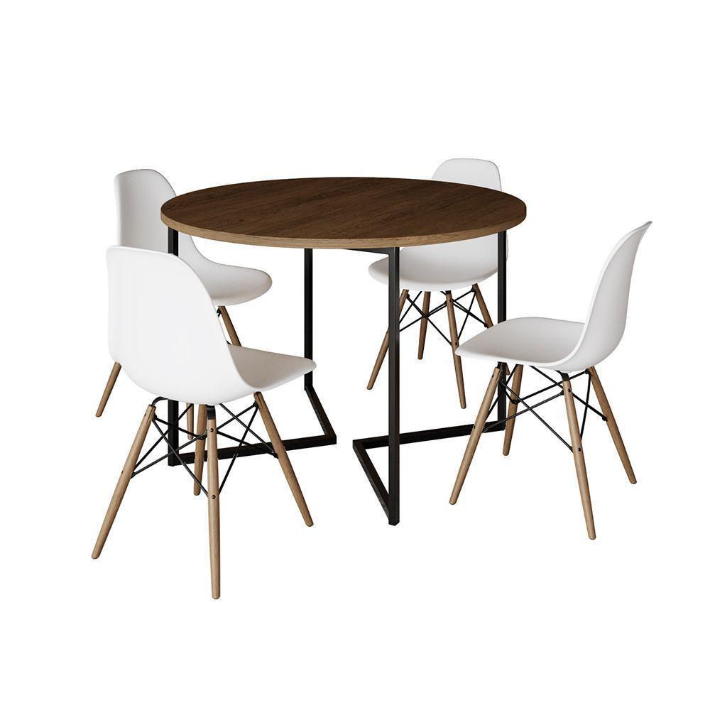 Mesa Jantar Industrial Redonda 110Cm Amêndoa Base V Ferro Preto C/4 Cadeiras Branca Base Mad Amendoa - 6