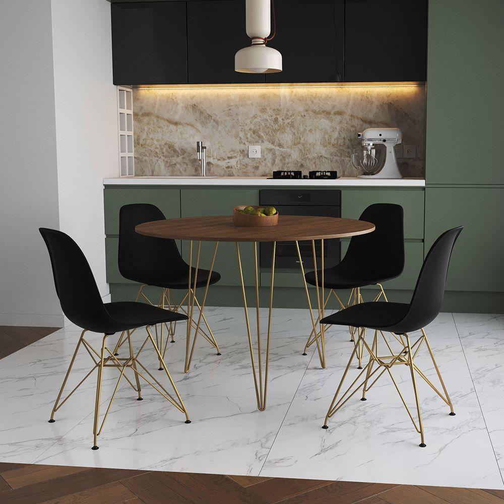 Mesa De Jantar Redonda 90Cm Amêndoa Clips 3 Pés Com 4 Cadeiras Pretas Base Dourada Cor: Amendoa - 1