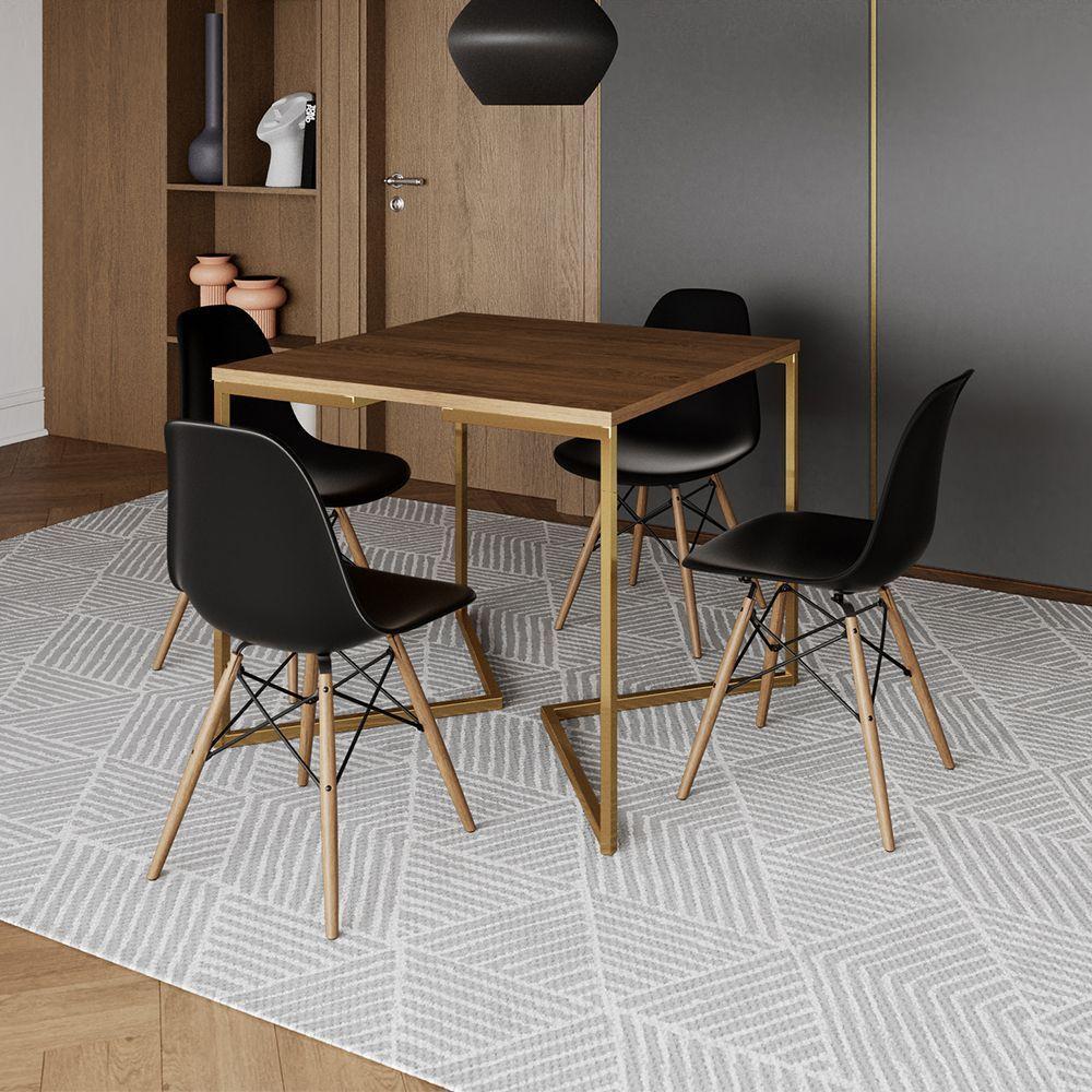 Mesa Jantar Industrial Quadrada 90Cm Amêndoa Base V Dourada C/4 Cadeiras Madeira Pret Cor: Amendoa - 1