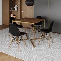 Mesa Jantar Industrial Quadrada 90Cm Amêndoa Base V Dourada C/4 Cadeiras Madeira Pret Cor: Amendoa - 1