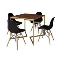 Mesa Jantar Industrial Quadrada 90Cm Amêndoa Base V Dourada C/4 Cadeiras Madeira Pret Cor: Amendoa - 6