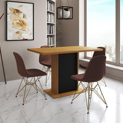 Mesa Jantar Londres Tampo Canela 120Cm Base Preta 4 Cadeiras Base Dourado Estofado Caramelo