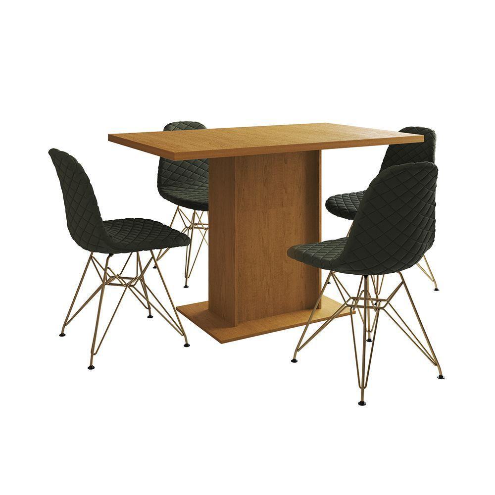 Mesa Jantar Londres Tampo Canela 120Cm 4 Cadeiras Base Dourado Estofado Verde - 6