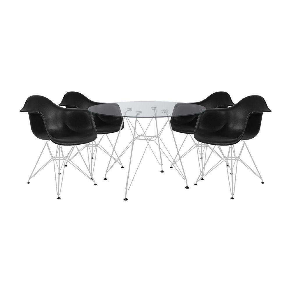 Mesa De Jantar Redonda Vidro 90Cm Com 4 Poltronas Pretas Ferro Branco Preto - 1
