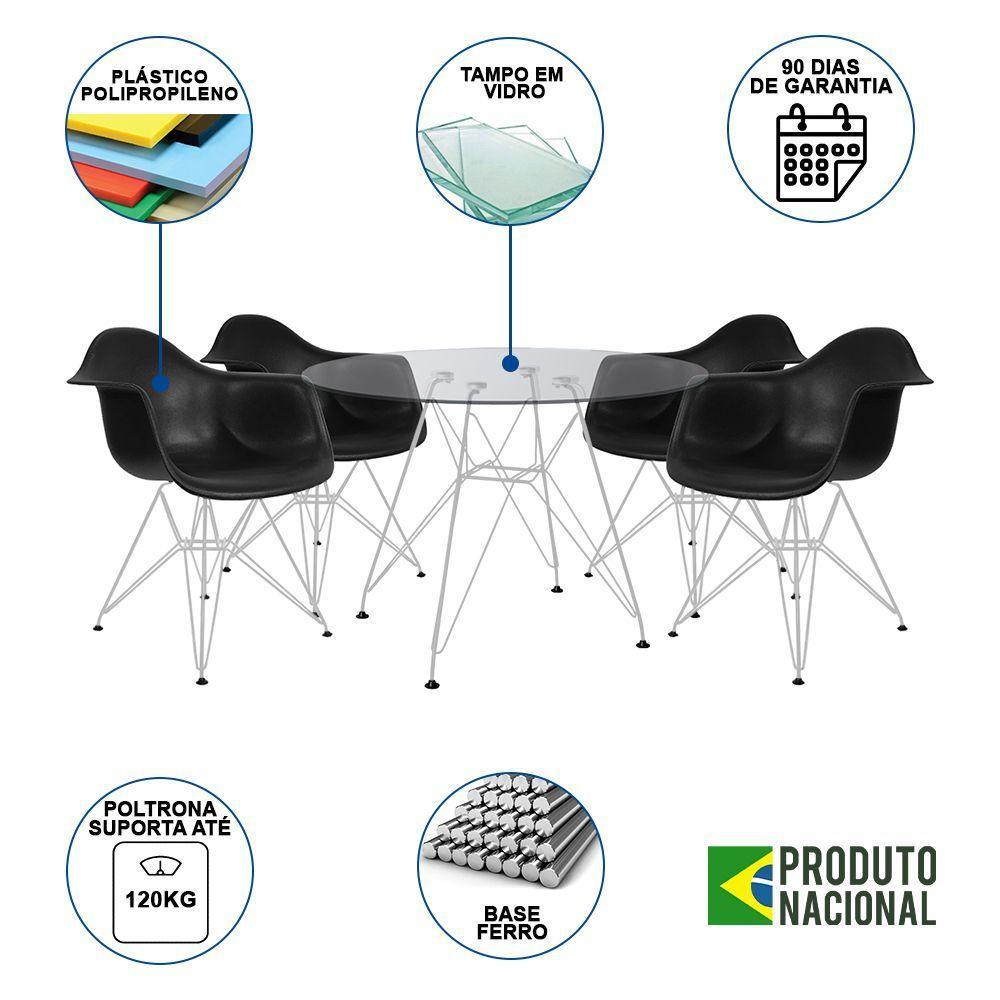 Mesa De Jantar Redonda Vidro 90Cm Com 4 Poltronas Pretas Ferro Branco Preto - 6