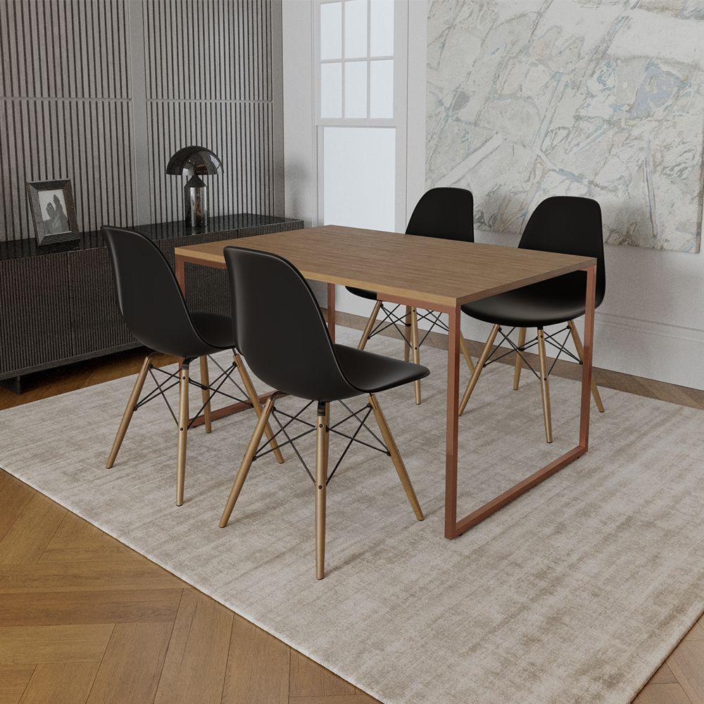 Mesa Industrial Base Ferro Cobre 137X90 Tampo Amêndoa 4 Cadeiras Eiffel Madeira Assento Preto - 1