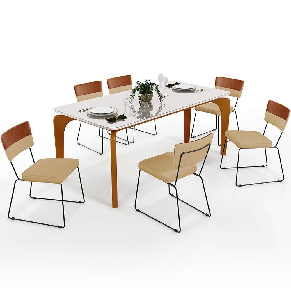 Mesa Capri 160 Off White 6 Cadeiras Faixa Camel Bege Escuro - 1