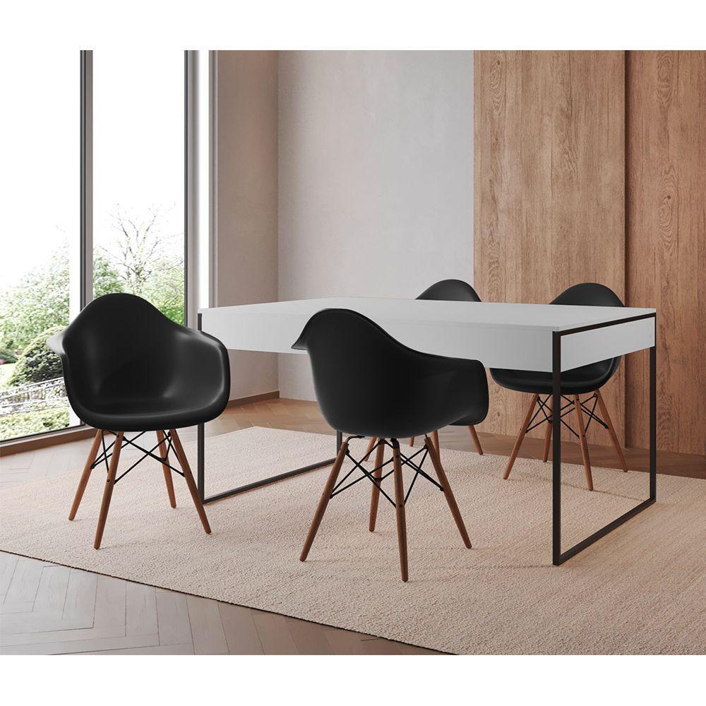 Mesa Jantar Industrial Branca 137X90Cm Base Ferro Preto Com 4 Poltronas Pretas Cor: Branco - 1
