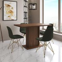 Mesa Jantar Londres Tampo Amêndoa 120Cm 4 Cadeiras Base Dourado Estofado Verde - 1