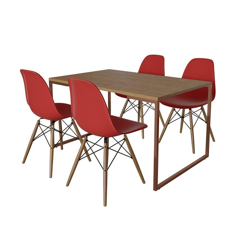 Mesa Industrial Base Ferro Cobre 137X90 Tampo Amêndoa 4 Cadeiras Eiffel Madeira Assento Vermelho - 7