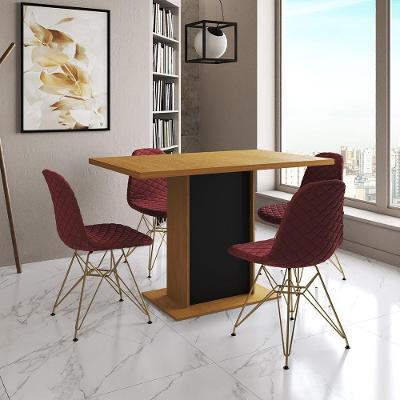 Mesa Jantar Londres Tampo Canela 120Cm Base Preta 4 Cadeiras Base Dourado Estofado Vermelho