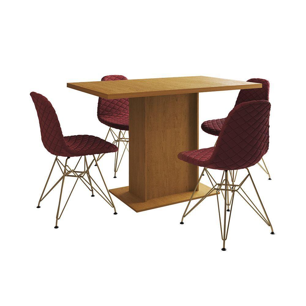 Mesa Jantar Londres Tampo Canela 120Cm 4 Cadeiras Base Dourado Estofado Vermelho - 6