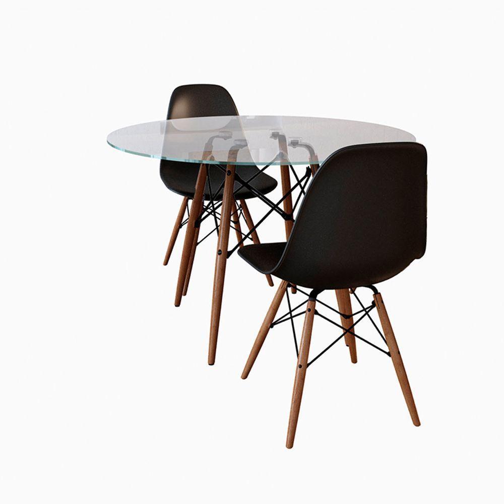 Conjunto De Mesa De Jantar Redonda 90Cm Tampo De Vidro Com 2 Cadeiras Pretas - 1
