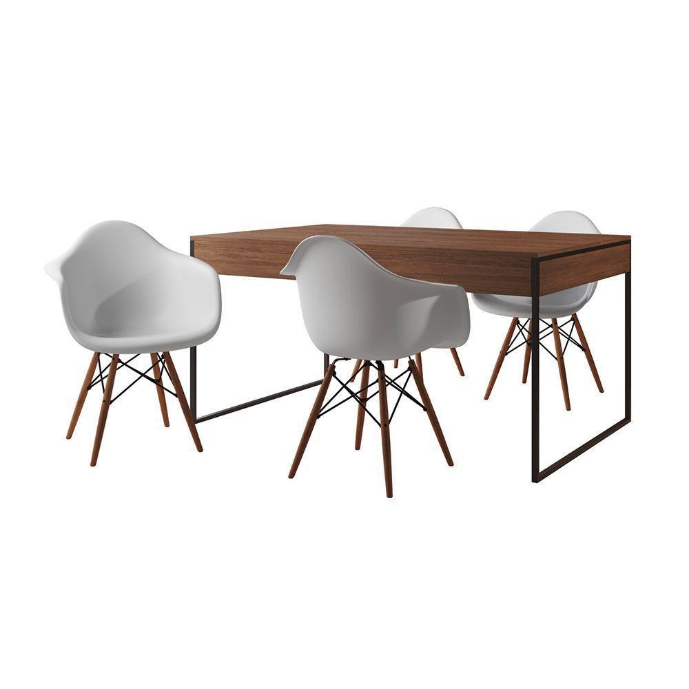 Mesa Jantar Industrial Amêndoa 137X90Cm Base Ferro Preto Com 4 Poltronas Brancas Ei Cor: Amendoa - 6