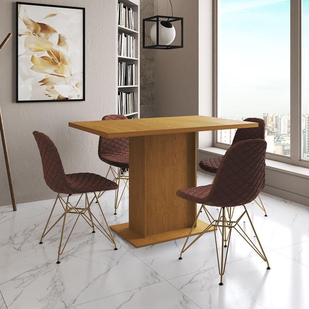 Mesa Jantar Londres Tampo Canela 120Cm 4 Cadeiras Base Dourado Estofado Caramelo - 1
