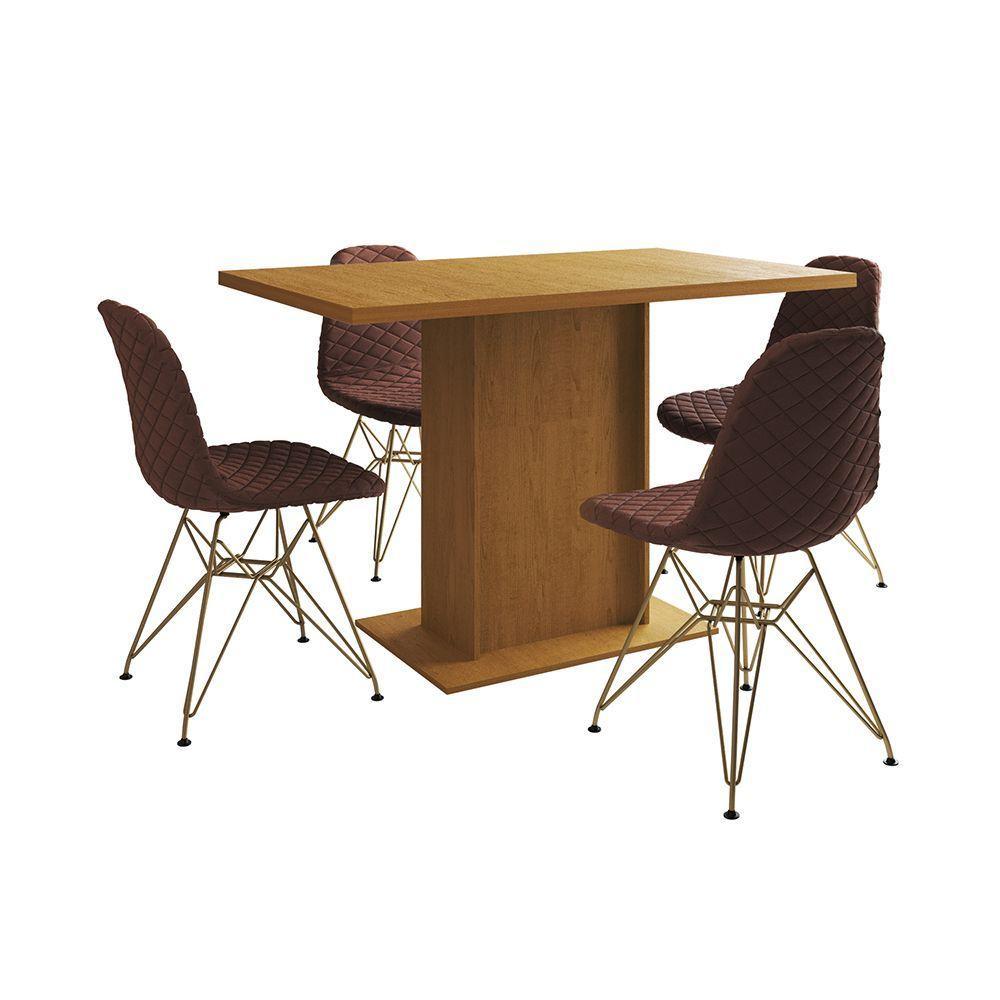 Mesa Jantar Londres Tampo Canela 120Cm 4 Cadeiras Base Dourado Estofado Caramelo - 5