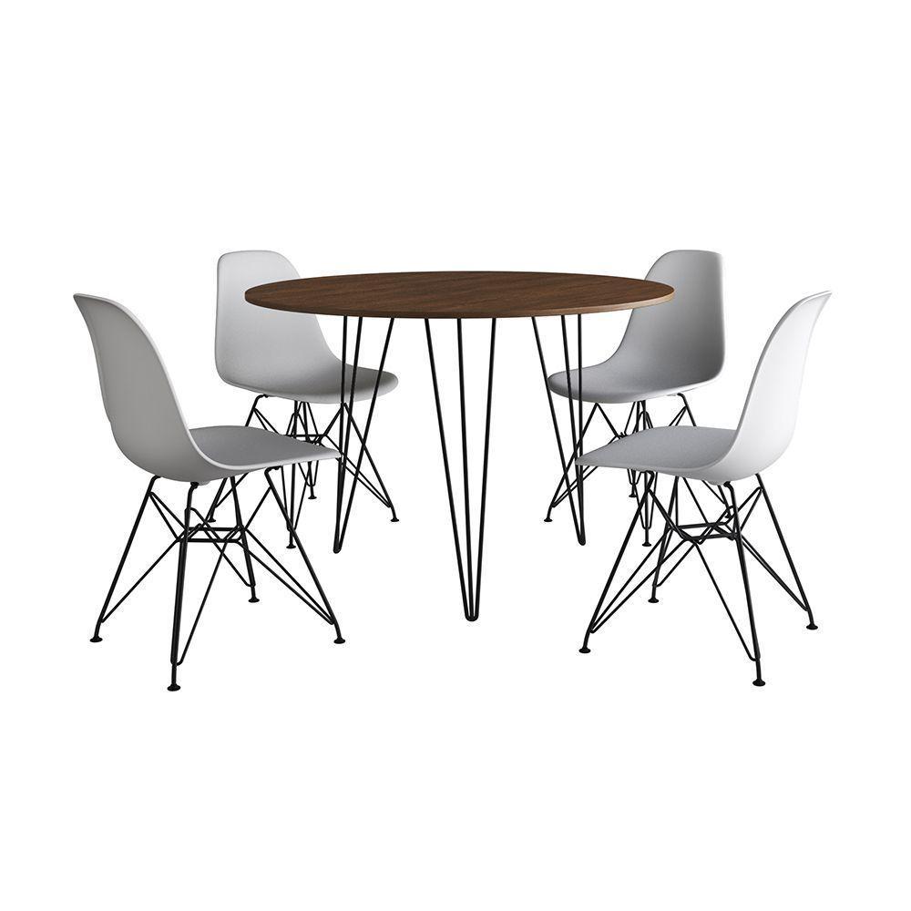Mesa De Jantar Redonda 90Cm Amêndoa Clips 3 Pés Com 4 Cadeiras Eames Eiffel Brancas Ferro Preto - 6