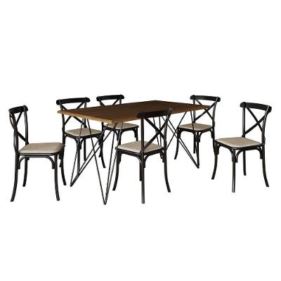Mesa De Jantar Industrial Com 6 Cadeiras Katrina Preto Trama Premium Amêndoa 150 Cm - Cor: Marrom