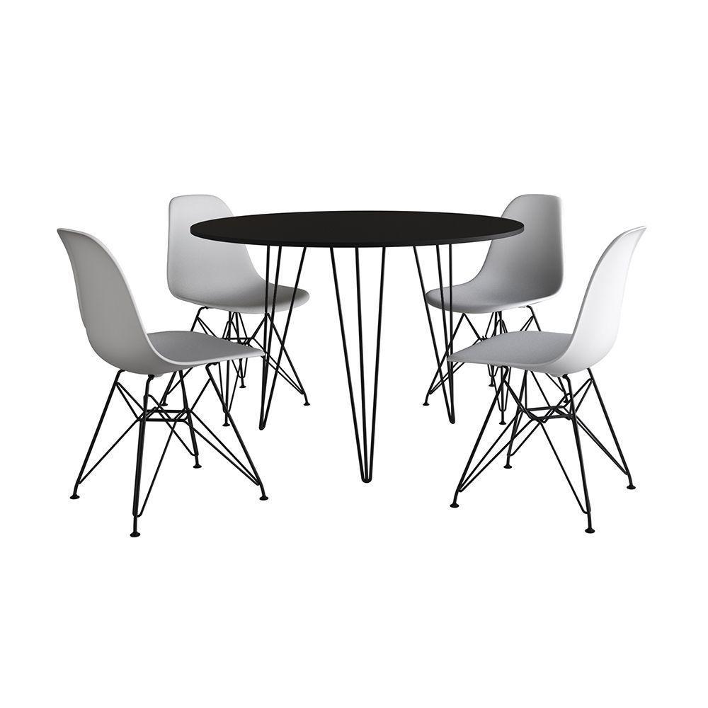 Mesa De Jantar Redonda 90Cm Preta Clips 3 Pés Com 4 Cadeiras Eames Eiffel Brancas Ferro Preto - 8