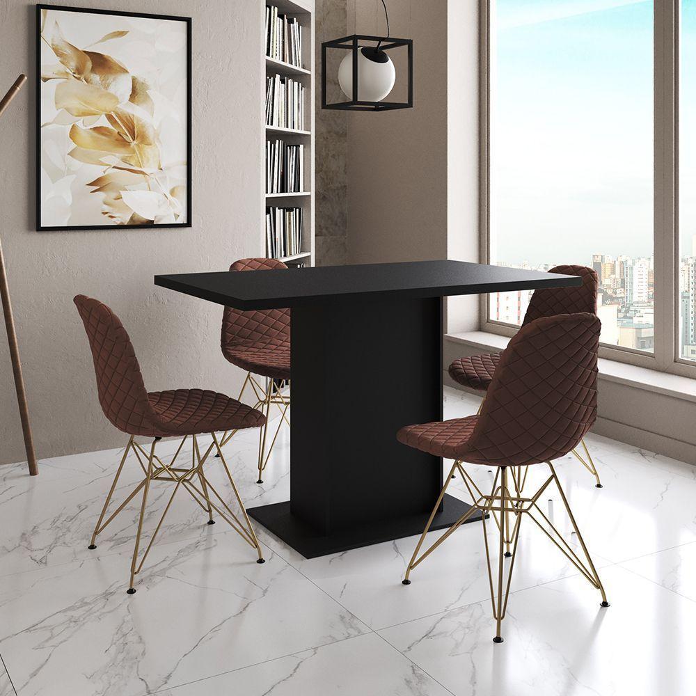 Mesa Jantar Londres Tampo Preto 120Cm 4 Cadeiras Base Dourado Estofado Caramelo - 1