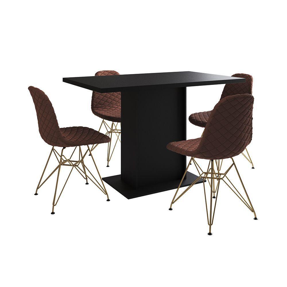 Mesa Jantar Londres Tampo Preto 120Cm 4 Cadeiras Base Dourado Estofado Caramelo - 6