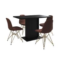 Mesa Jantar Londres Tampo Preto 120Cm 4 Cadeiras Base Dourado Estofado Caramelo - 6