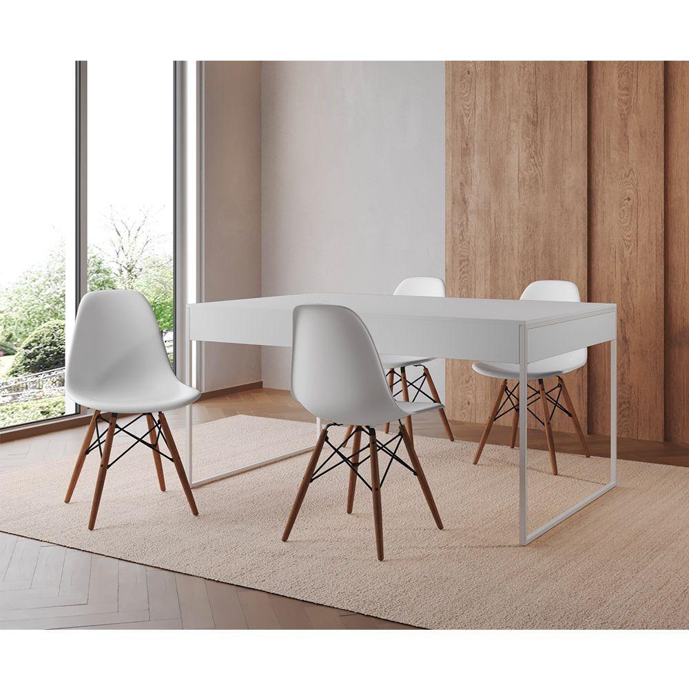 Mesa Jantar Industrial Retangular Branca 137X90Cm Base Ferro Branco C/4 Cadeiras Branca Cor: Branco - 1