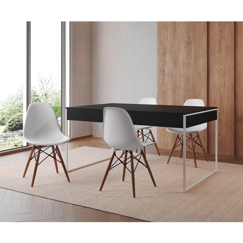 Mesa Jantar Industrial Retangular Preta 137X90Cm Base Ferro Branco C/4 Cadeiras Brancas Cor: Preto - 1