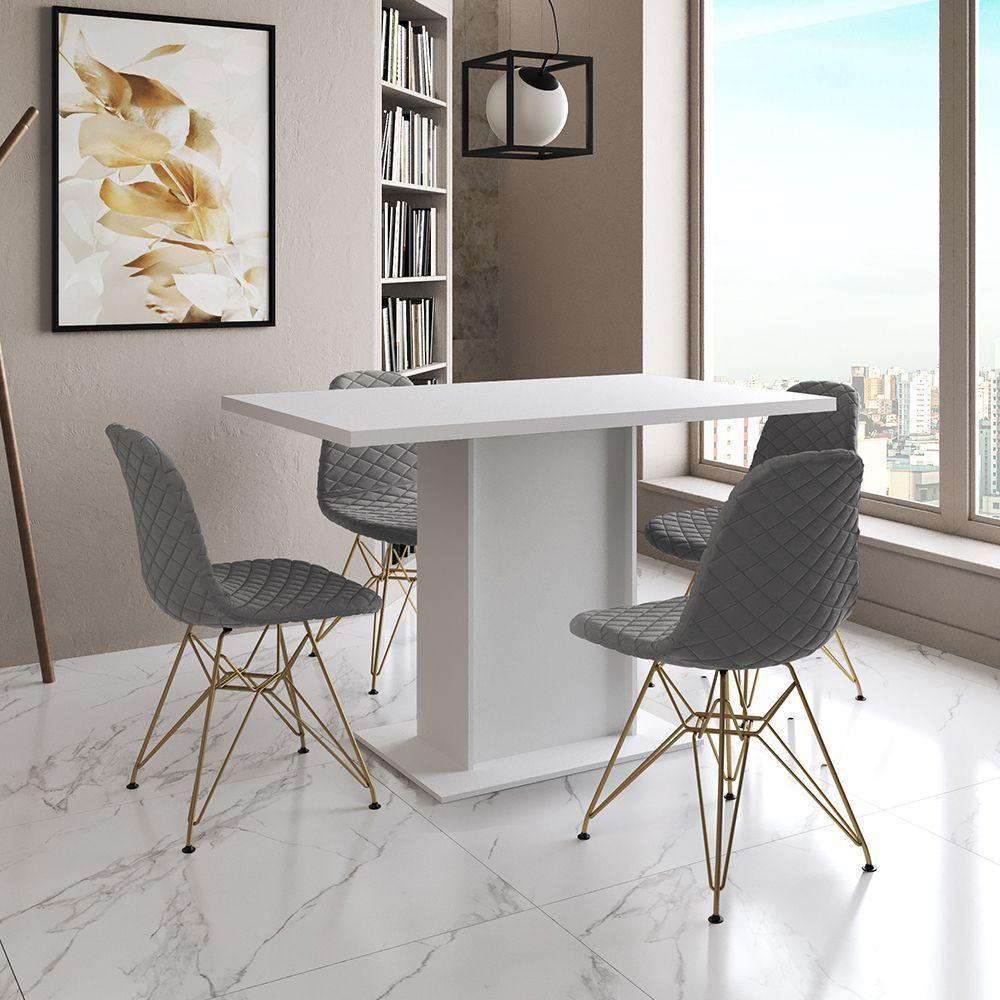 Mesa Jantar Londres Tampo Branco 120Cm 4 Cadeiras Base Dourado Estofado Grafite - 1