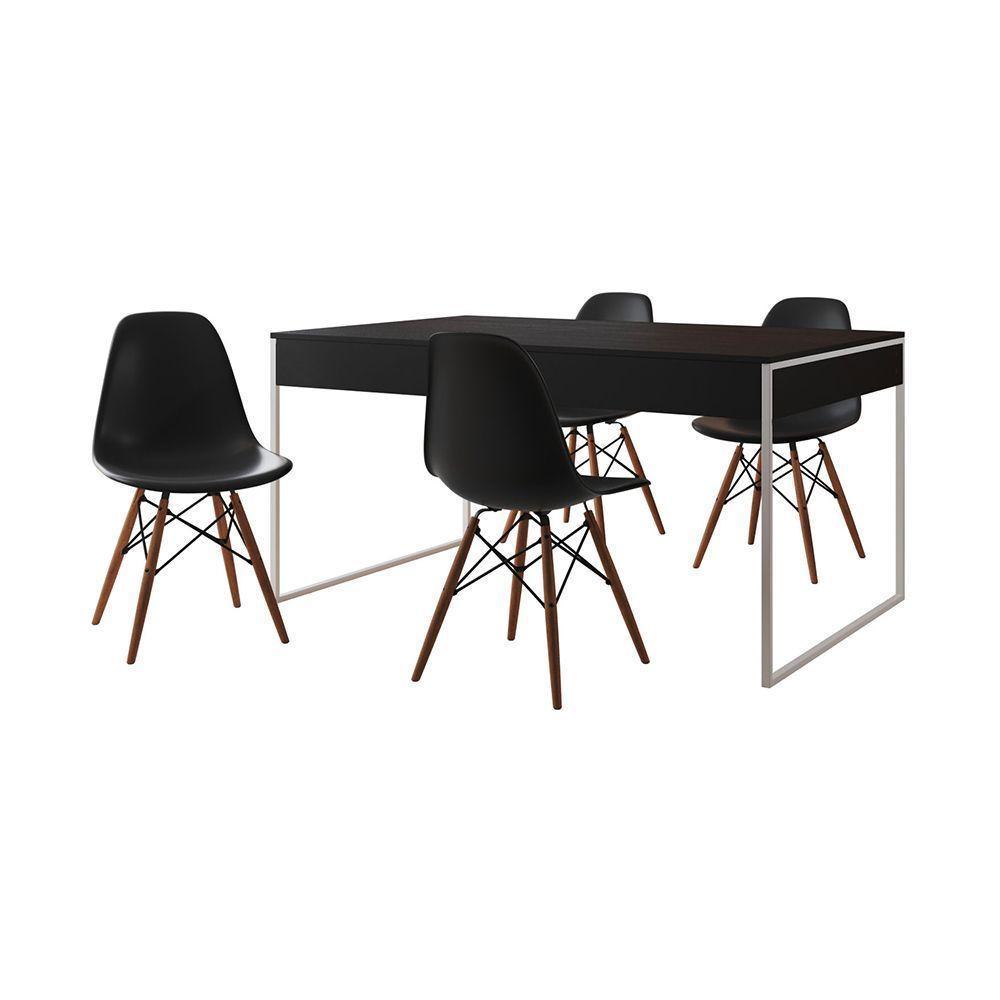 Mesa Jantar Industrial Retangular Preta 137X90Cm Base Ferro Branco C/4 Cadeiras Pretas Cor: Preto - 6