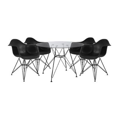 Mesa De Vidro Redonda 90Cm Com 4 Poltronas Pretas Ferro Preto Preto