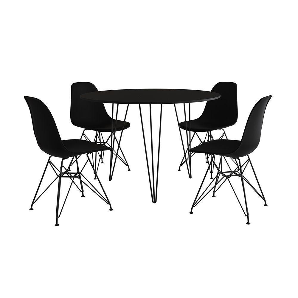 Mesa De Jantar Redonda 90Cm Preta Clips 3 Pés Com 4 Cadeiras Eames Eiffel Pretas Ferro Preto - 7